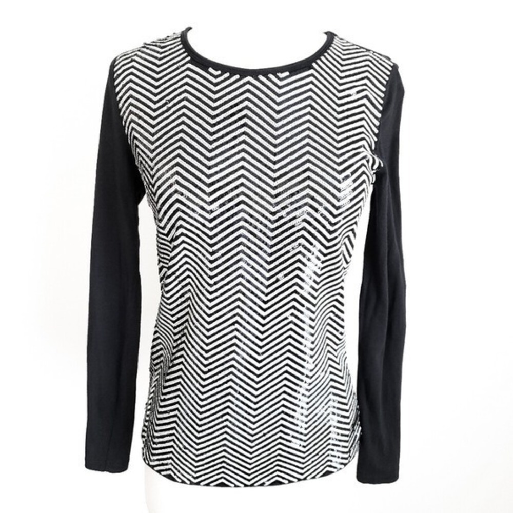 Michael Kors Black & White Sequin Chevron Long-Sleeve Top-‎ Small, S